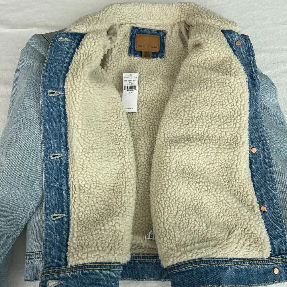NWT American Eagle Sherpa Denim Trucker Jacket Blue Women's Size Medium - Picture 9 of 14